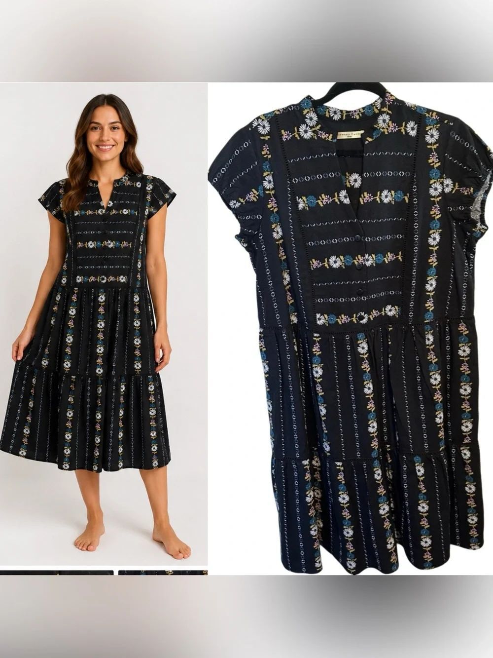 Wayward Fancies by eShakti Black Floral Cotton Tiered Midi Dress Button Front